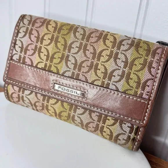 RARE Fossil Wallet Trifold Canvas Monogram Brown Leather Vintage Beautiful - Picture 2 of 11